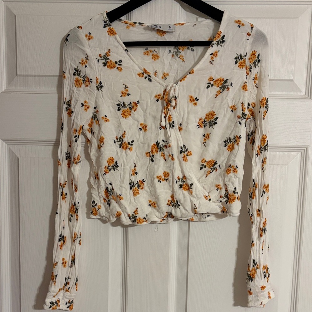 Hollister White Cropped Blouse with Yellow Floral Print